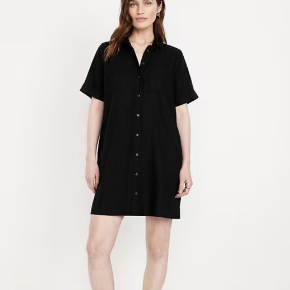 NWOT Old Navy M Black Linen Blend Shirt Dress